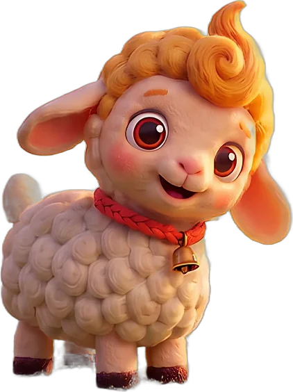 Mimi, a fluffy little lamb with a curly golden top and a red collar with a bell